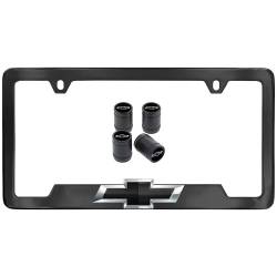 19540079 License Plate Frame in Black with Bowtie Logo and Valve Stem Caps