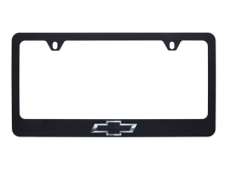 19434713 Wide Bottom License Plate Frame in Black Powder Coated Zinc with Chevrolet Bowtie and Valve Stem Caps